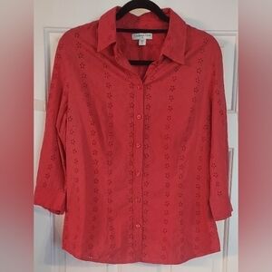 COLDWATER Creek Red Embroidered Button Down Long Sleeve Blouse Size S